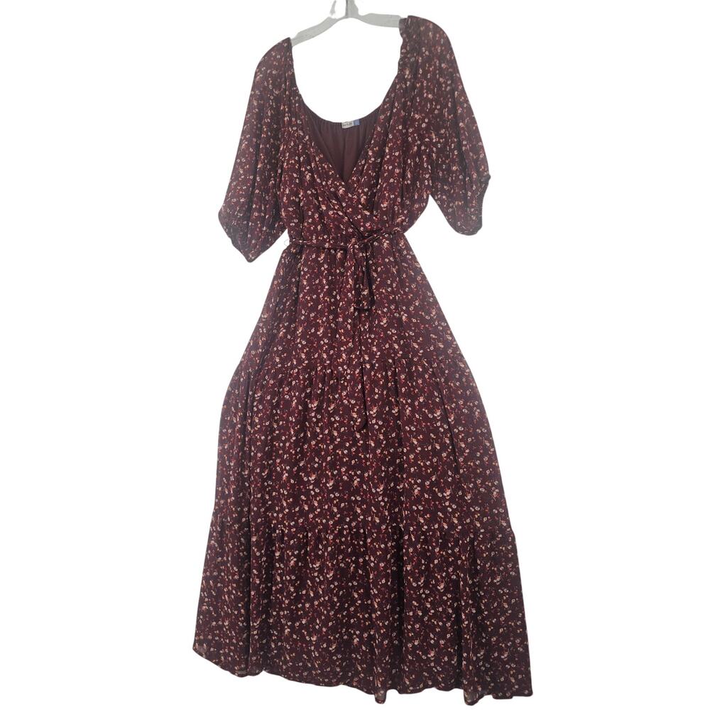 Yarn & Sea Dress Maroon Brown Floral Fit Flare Maxi Faux wrap dress L Western